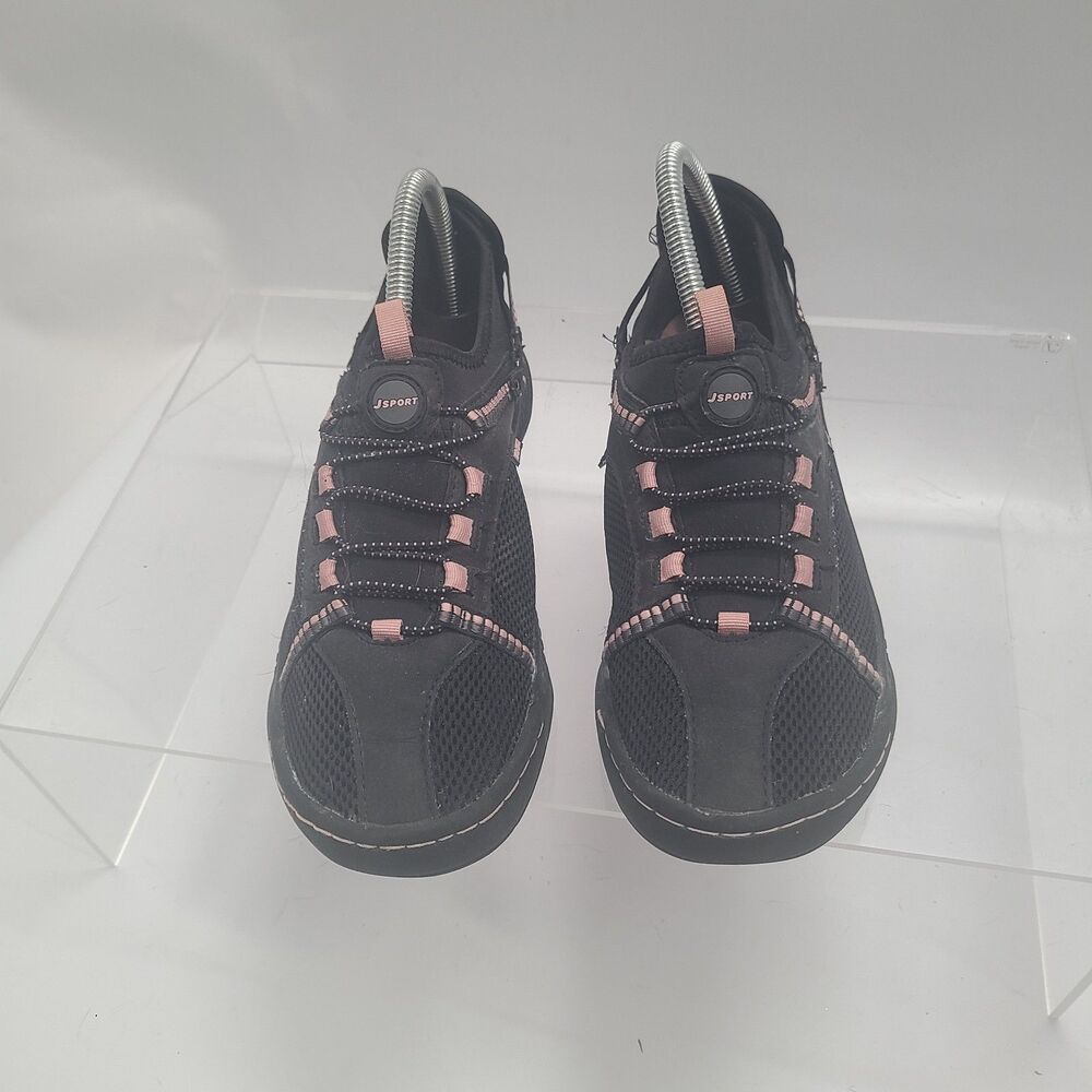 Jsport Shoes Womens Sz 8  Slip On Black Fabric Casual Low Top Pink Accents